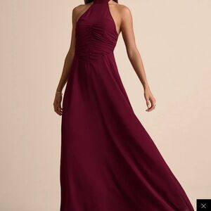 Lulu’s Cammie Burgundy Halter Neck Ruched Maxi Dress